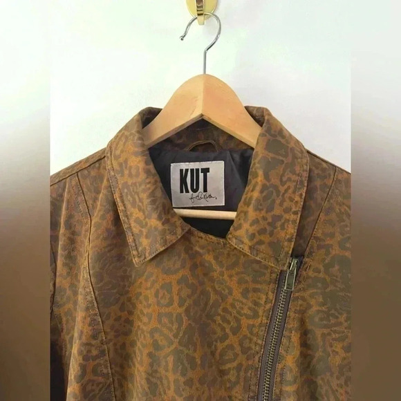 Kut From The Kloth Leopard Print Full Zip Cotton Blend Moto Jacket - Picture 7 of 12